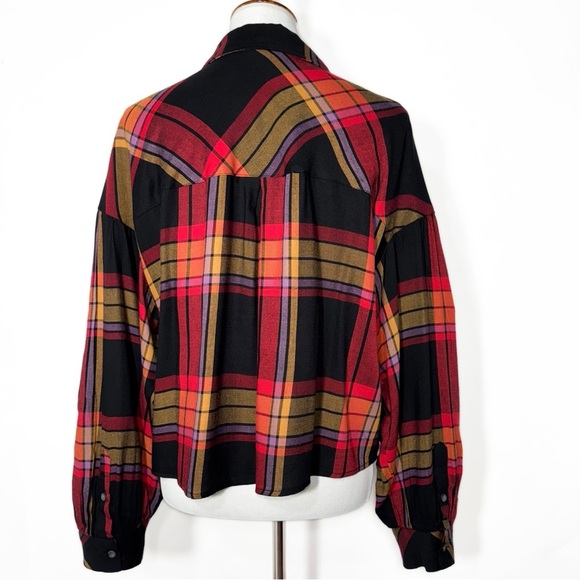 Sanctuary Colorful Plaid Red Black Puff Balloon Long Sleeve Buttondown Shirt L - Picture 7 of 11
